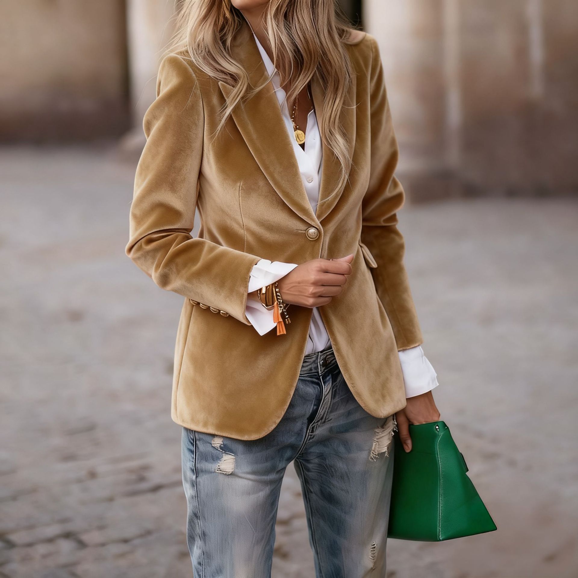 Women's Velvet Blazer, Elegant Lapel Single Button Slim Fit Velvet Suit Jacket, Fall Winter Faux Pocket Long Sleeve Formal Casual Outerwear