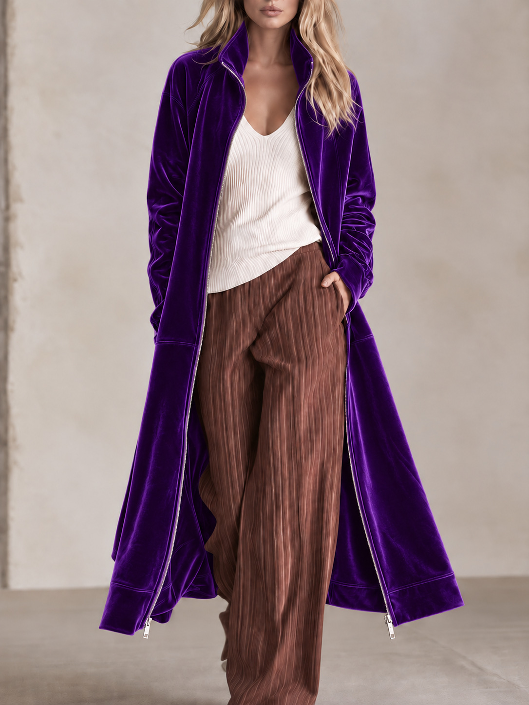 Women's Long Velvet Coat with Zipper Closure, Stand Collar Long Sleeve Jacket, Elegant Casual Lightweight Outerwear for Fall and Winter