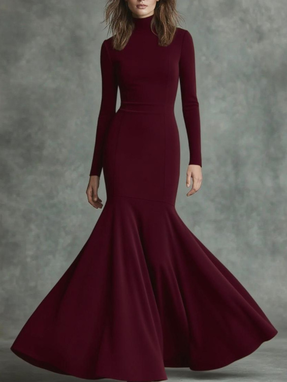 Women's White Mermaid Maxi Dress, Long Sleeve High Neck Bodycon Evening Gown, Elegant Fitted Dress with Flared Hem for Formal Events and Parties