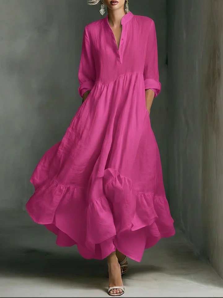 Women's White Maxi Dress, Long Sleeve Button Front Boho Dress with Ruffle Hem, Stand Collar Flowy High Waist Long Dress for Summer Vacation