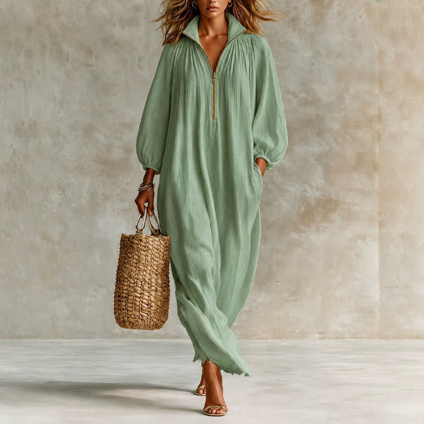 Women's Fall Winter Maxi Dress, Half Zip Stand Collar Long Sleeve Dress, Loose Fit Puff Sleeve Casual Flowy Long Dress with Pockets, Elegant Vacation Resort Wear