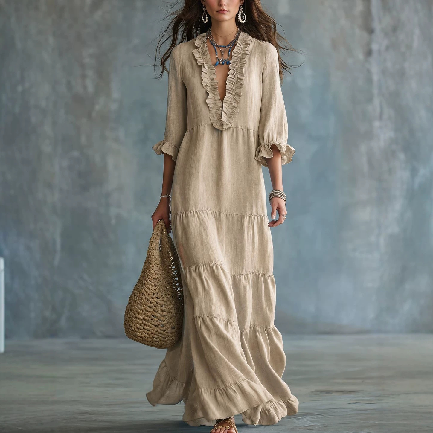 Women's Boho Maxi Dress, Ruffle Deep V Neck 3/4 Sleeve Flowy Tiered Long Dress, Loose Fit Casual Beach Vacation Resort Dress