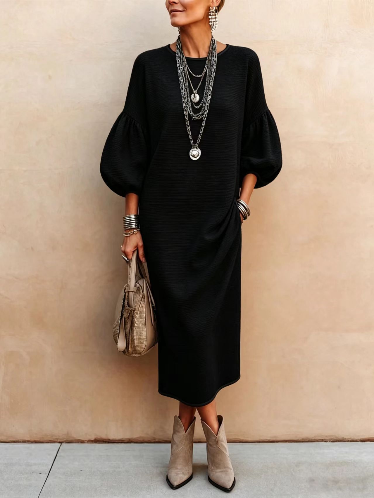 Women's Casual Midi Dress, Textured Long Sleeve Dress with Puff Sleeves, Round Neck Loose Fit Dress with Contrast Black Trim, Elegant Everyday Outfit