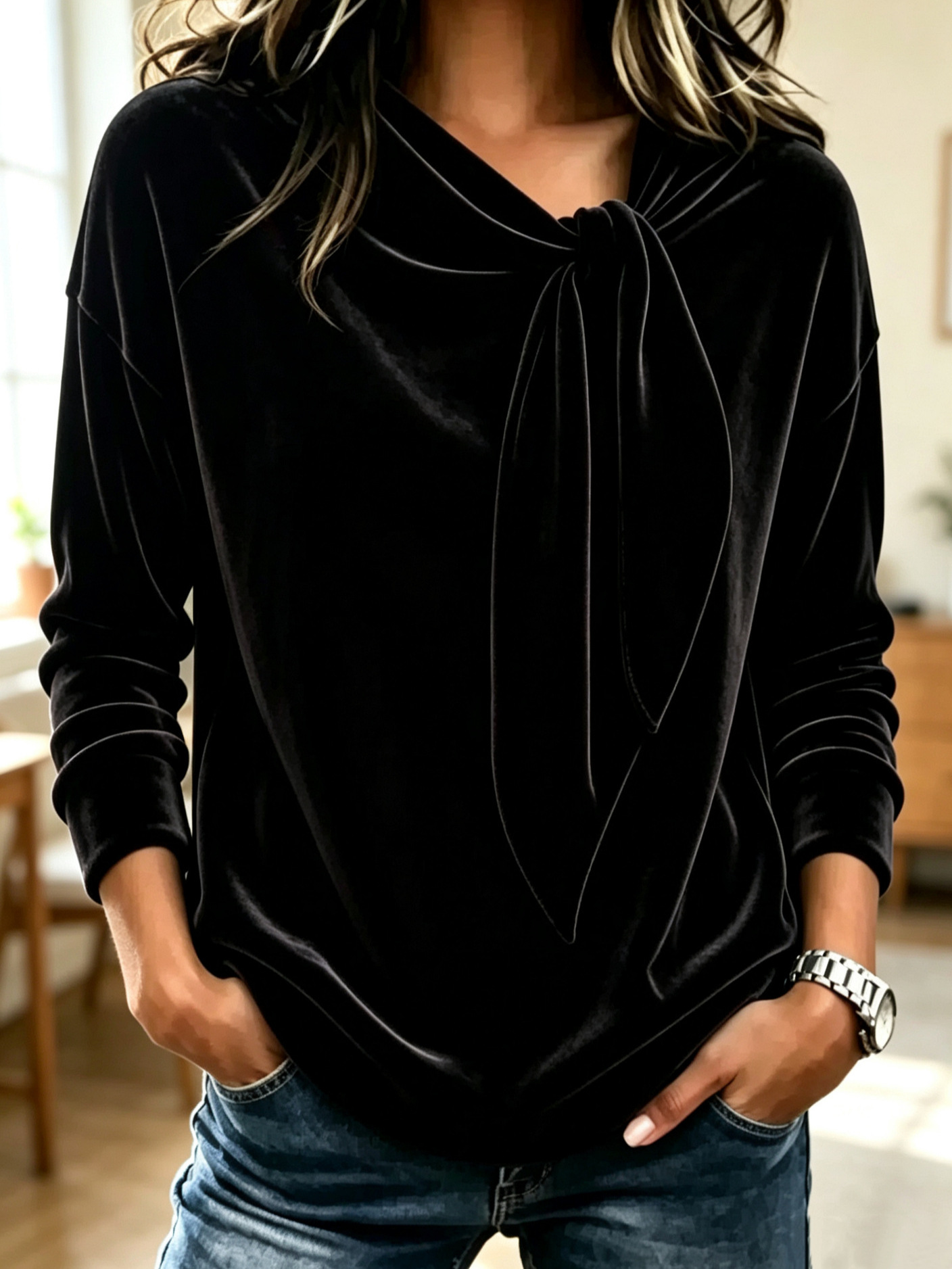 Women's Velvet Bow Neck Top, Long Sleeve Blouse with Tie Neck Detail, Elegant Loose Fit Satin-Look Velvet Shirt for Fall Winter Casual and Dressy Outfits