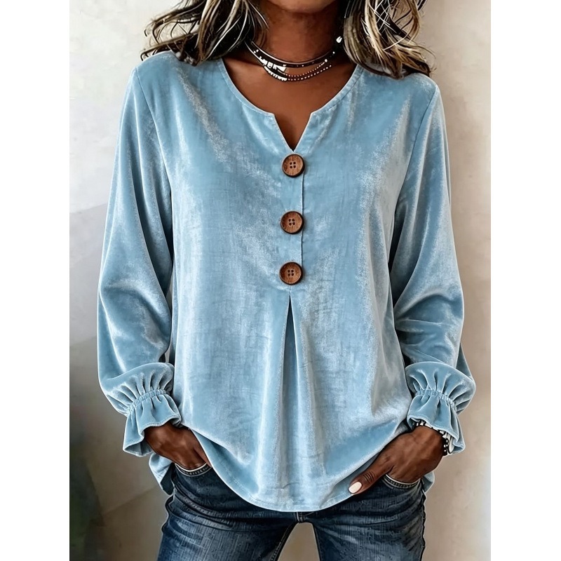 Women's Velvet Long Sleeve Blouse V Neck Button Down Top Soft Casual Loose Fit Shirt Elegant Fall Winter Pullover-gemscharms