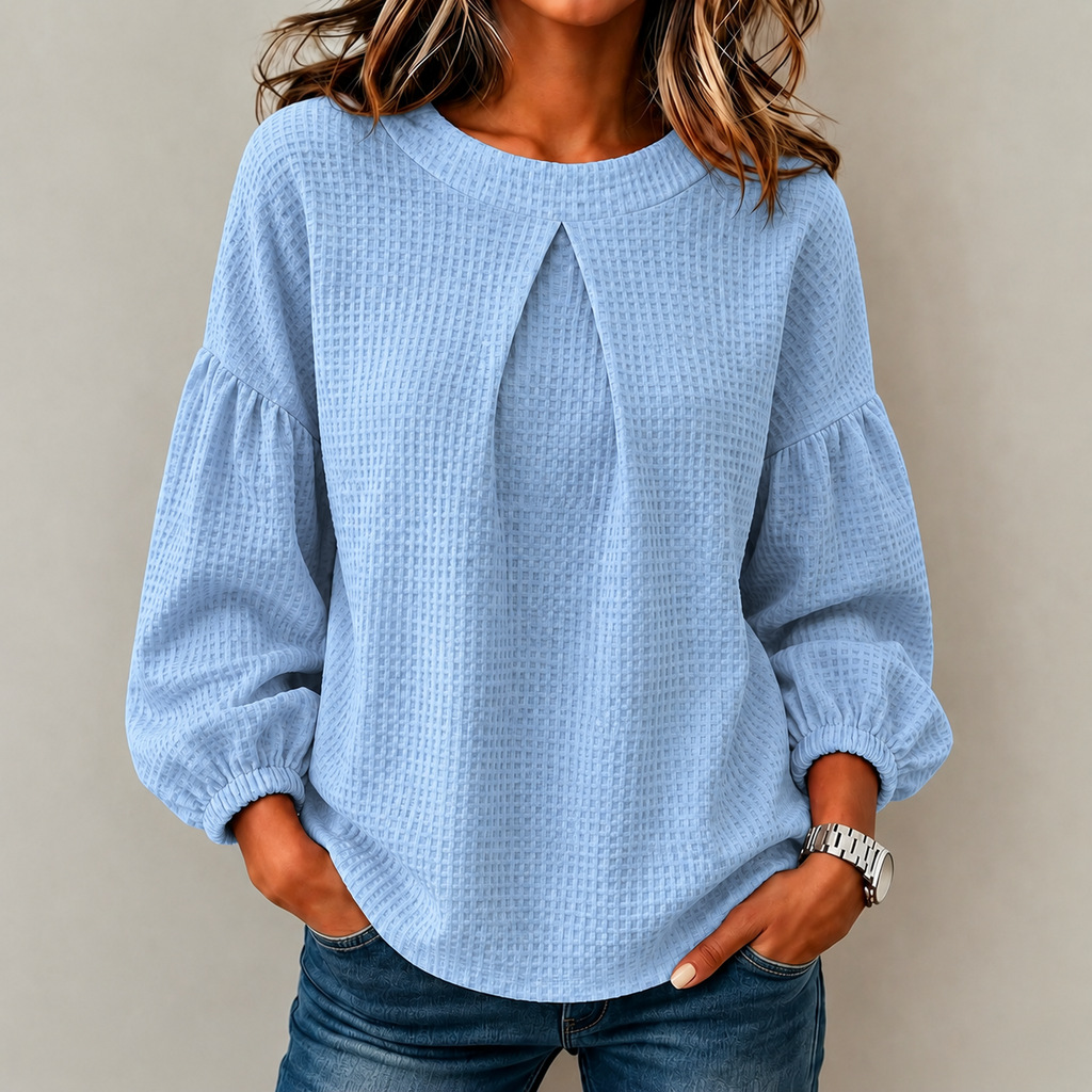 Women’s Solid Waffle Knit Lantern Sleeve Crew Neck Long Sleeve Tops