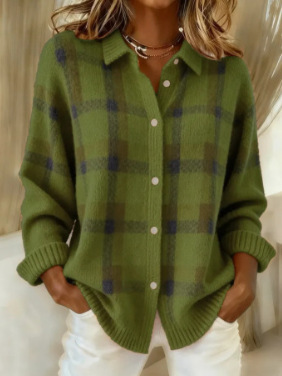 Women’s Plaid Knit Cardigan Sweater – Casual Loose Fit Button Down Long Sleeve Collared Shirt Jacket
