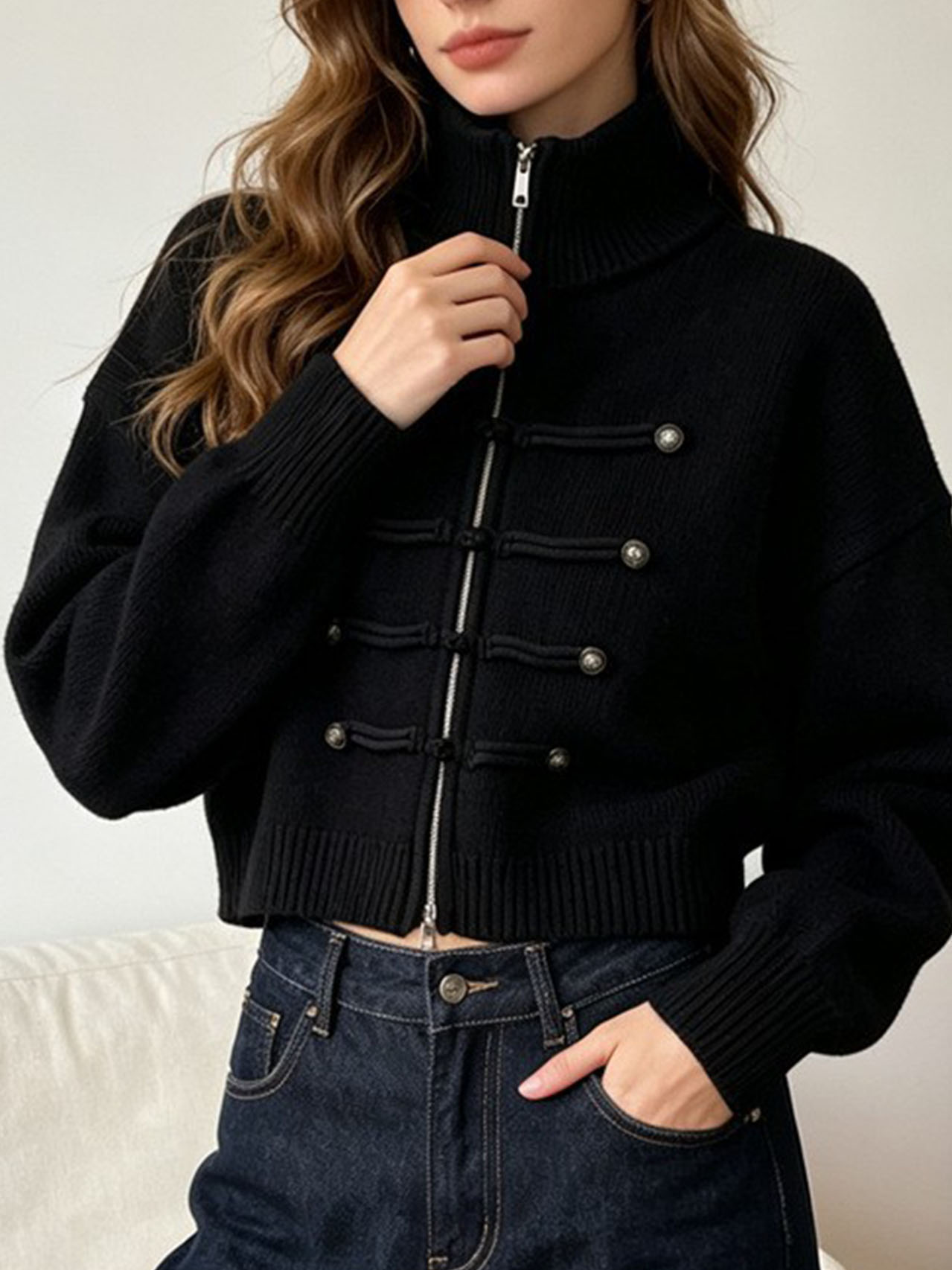 Women's Casual Mock Neck Zip Up Knit Sweater Long Sleeve Pullover Top, Solid Color Ribbed Knit Lightweight Sweater for Fall Winter