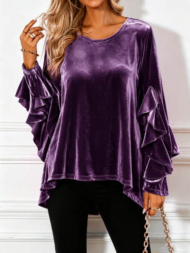 Women’s Velvet Ruffle Sleeve Top – Elegant Long Sleeve Crew Neck Blouse