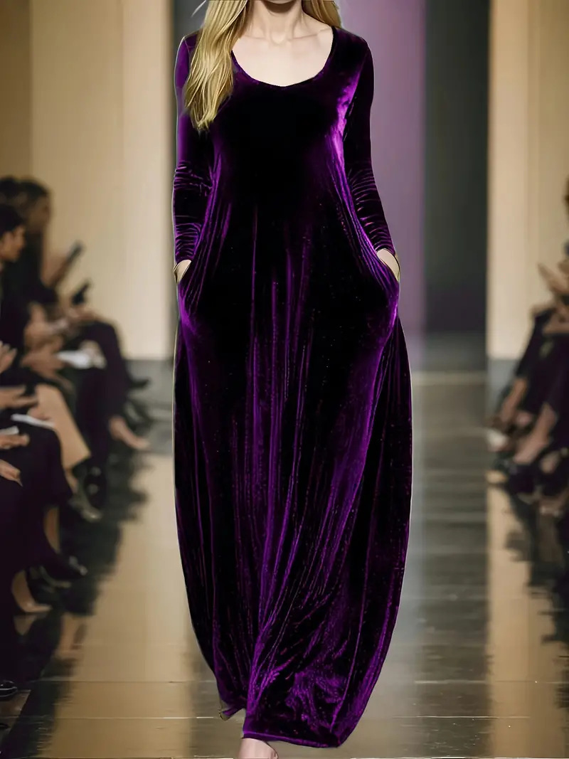 Women’s Long Sleeve Velvet Maxi Dress with Pockets