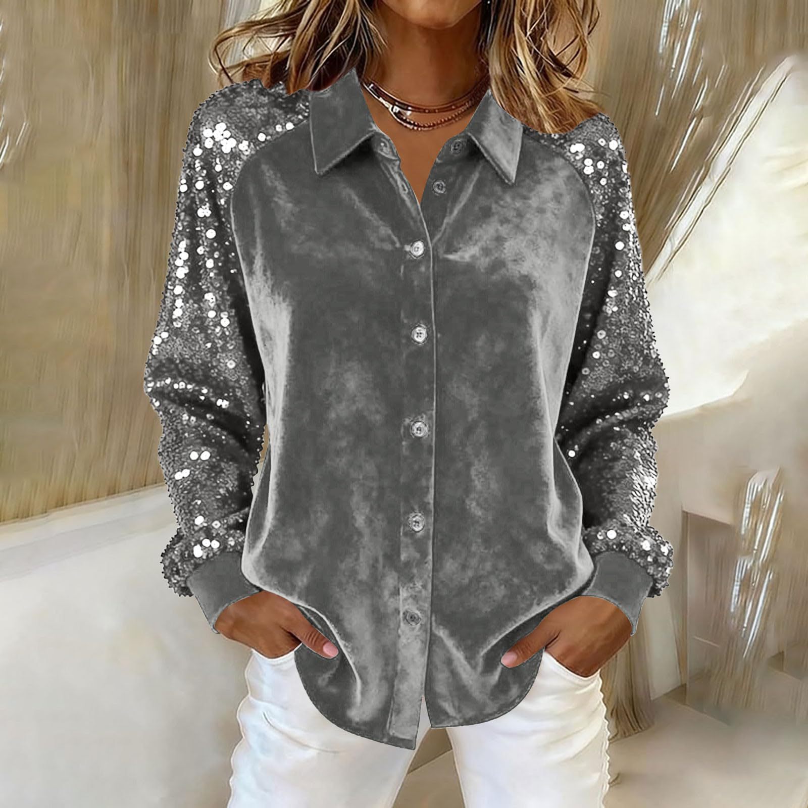Women's Velvet Button Down Shirt Sequin Long Sleeve Blouse Elegant Sparkle Party Top Casual Luxury Shirt for Fall Winter