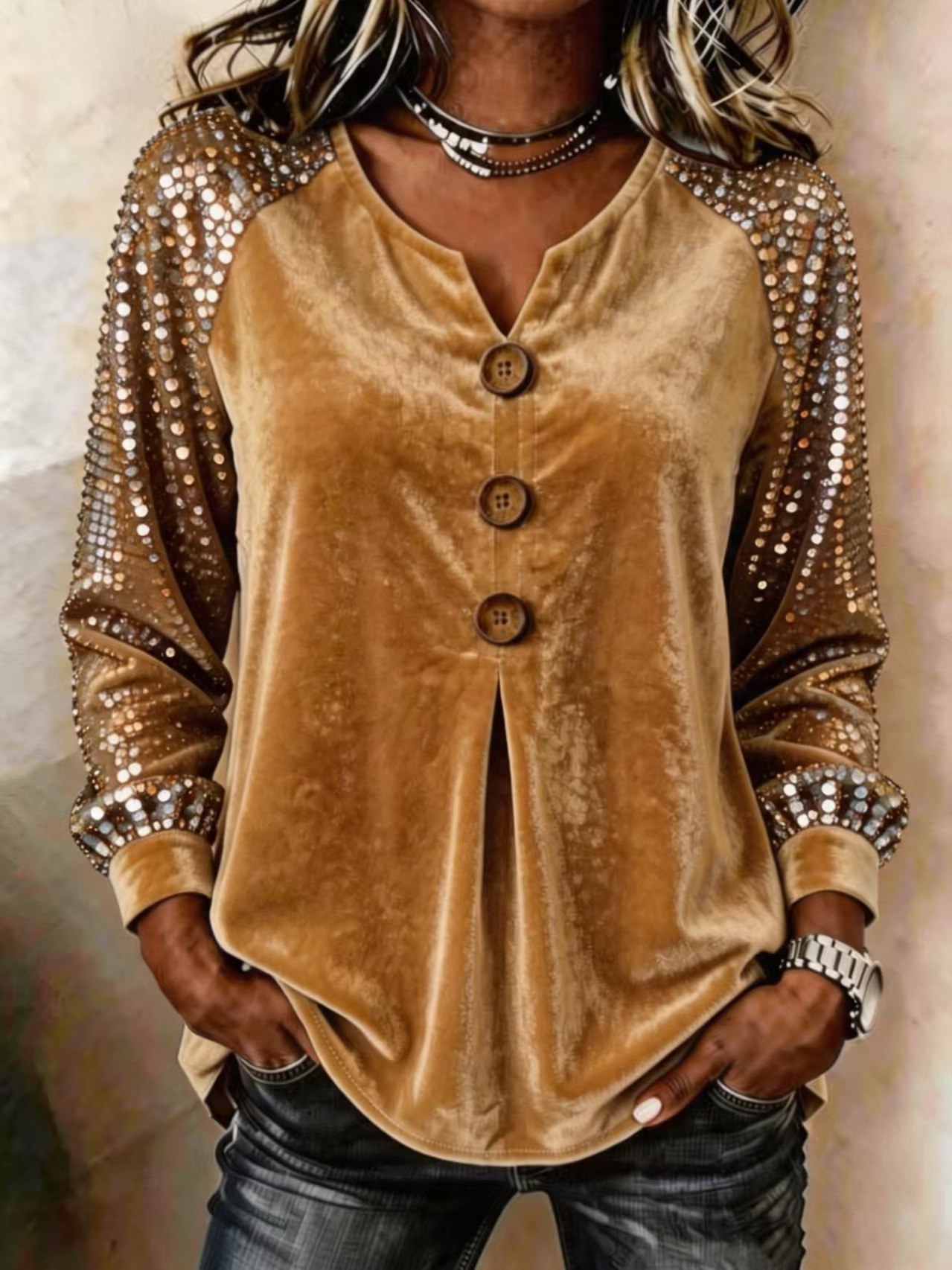Women's Velvet Blouse Long Sleeve Sequin Sleeve Top V Neck Button Down Elegant Party Casual Shirt