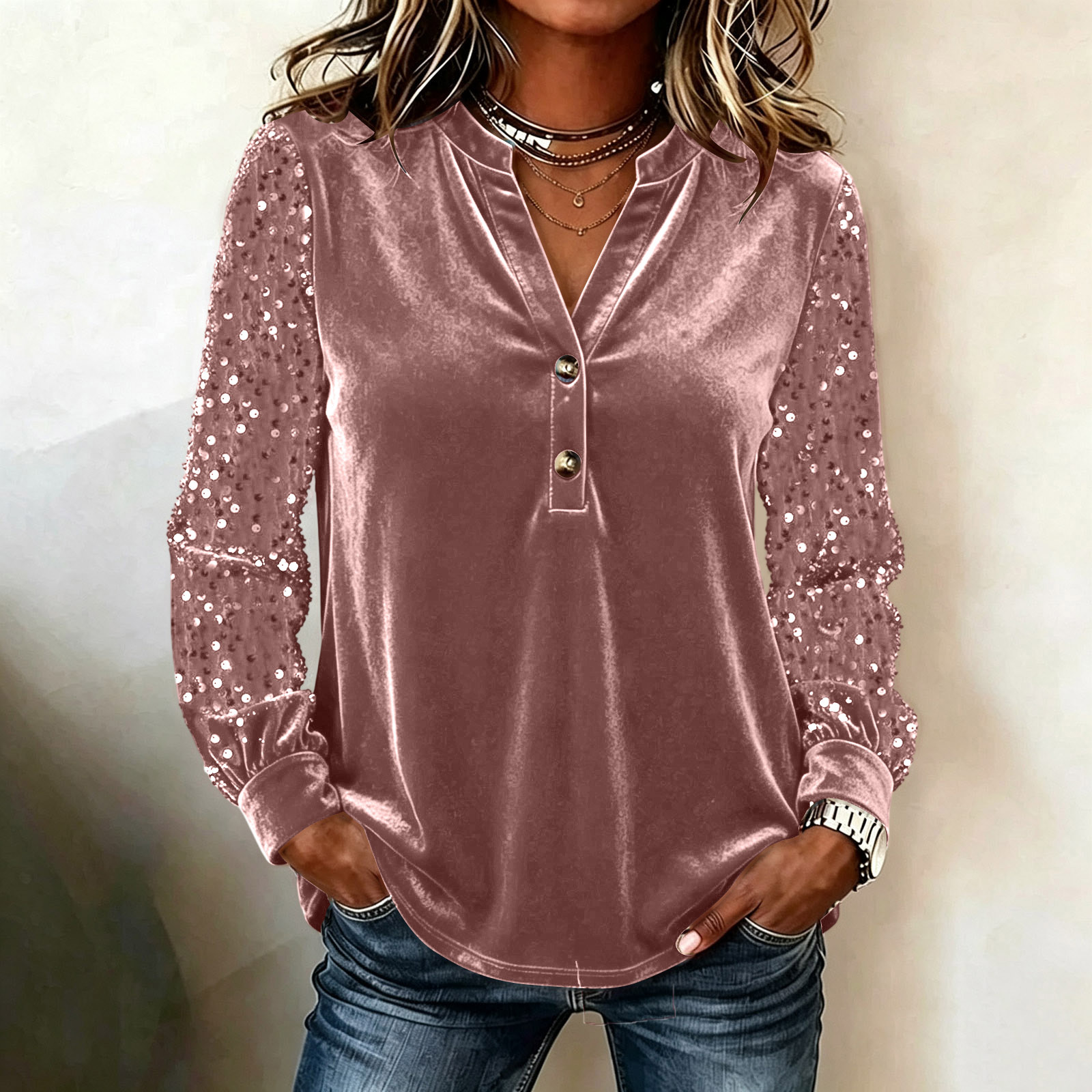 Women's Velvet Blouse Long Sleeve Sequin Sleeve Top V Neck Button Front Elegant Party Casual Shirt