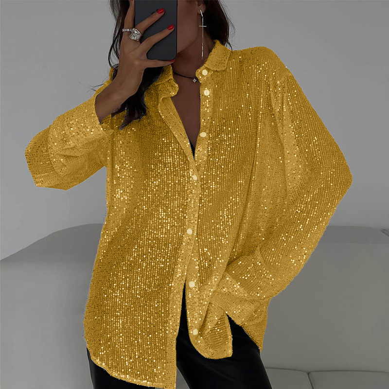 Women's Velvet Blouse Long Sleeve Sequin Sleeve Top V Neck Button Front Elegant Party Casual Shirt
