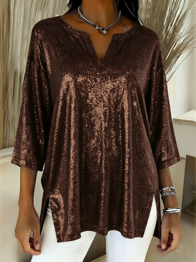 Women's Sequin Tunic Top – Sparkly 3/4 Sleeve Blouse with V Neck for Party, Evening, Holiday & Special Occasions