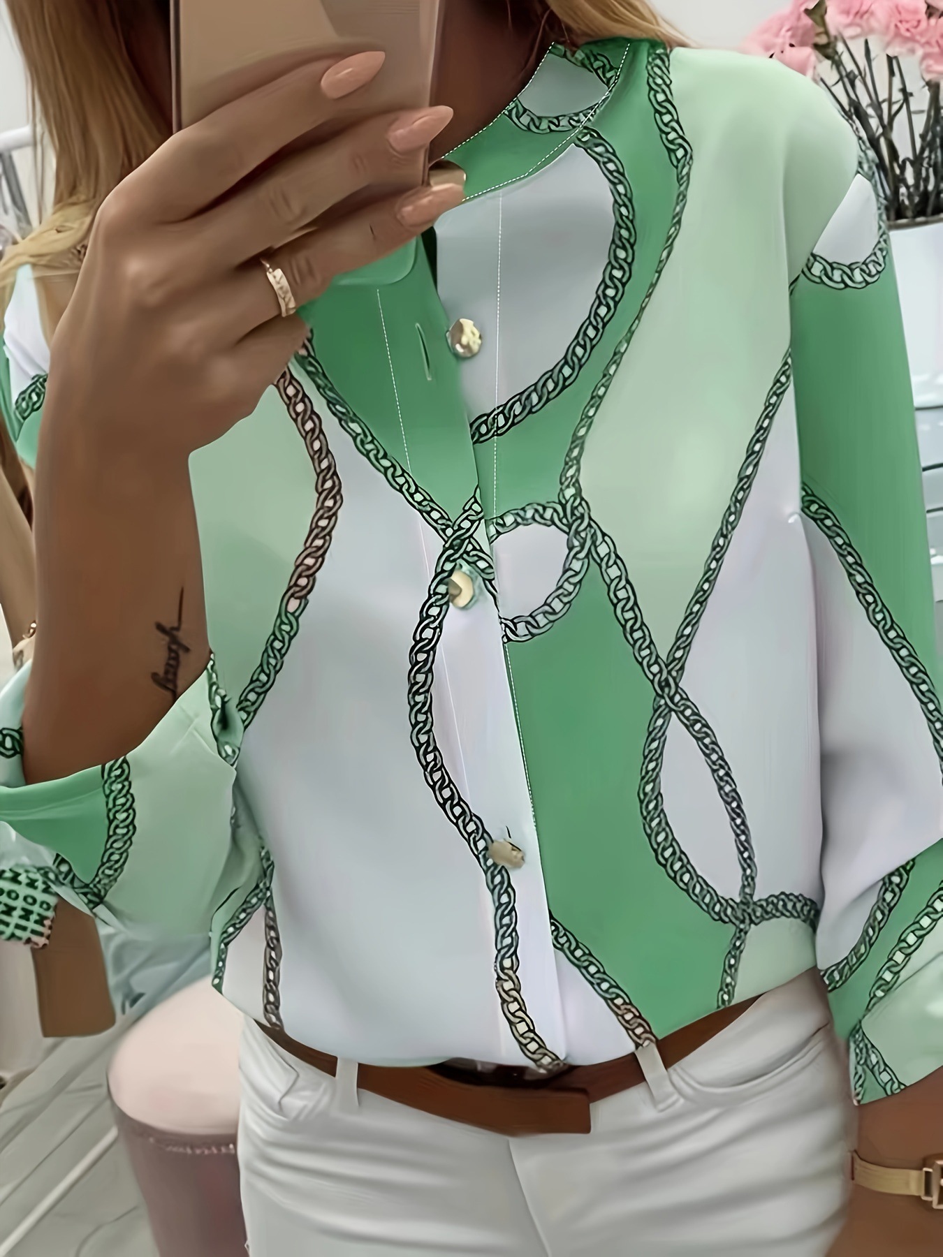 Women’s Casual Button Down Blouse – Long Sleeve Turn-Down Collar Shirt with Chain Print