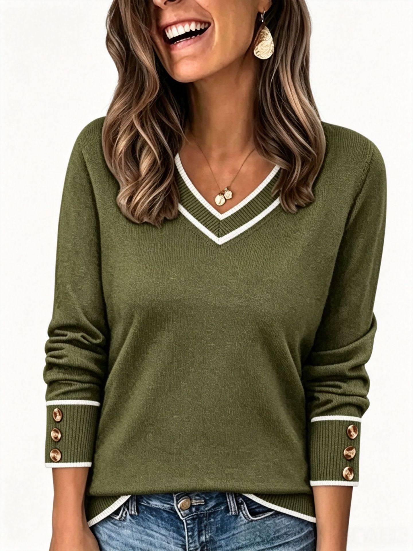 Women’s V Neck Knit Sweater Long Sleeve Pullover Tops with Contrast Trim Cuffs Button Detail Casual Loose Fit Sweater Shirt Fall Winter Fashion Clothing