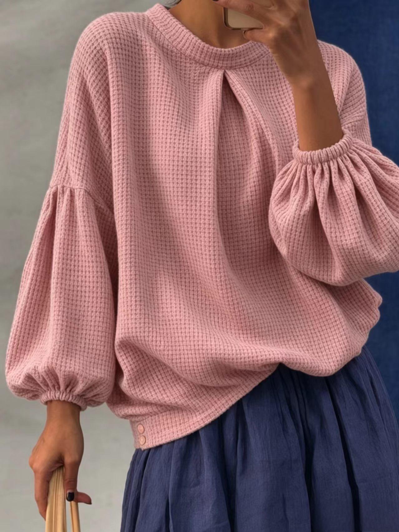 Women's Waffle Knit Puff Sleeve Top, Long Sleeve Crew Neck Casual Pullover Shirt, Loose Fit Textured Blouse for Fall Winter