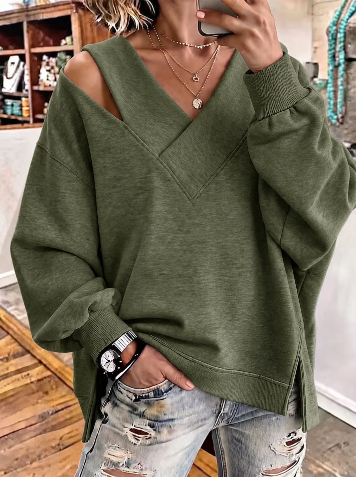 Women's Oversized V Neck Sweatshirt, Off Shoulder Loose Fit Pullover Top, Long Sleeve Casual Hoodie Style Shirt for Fall Winter