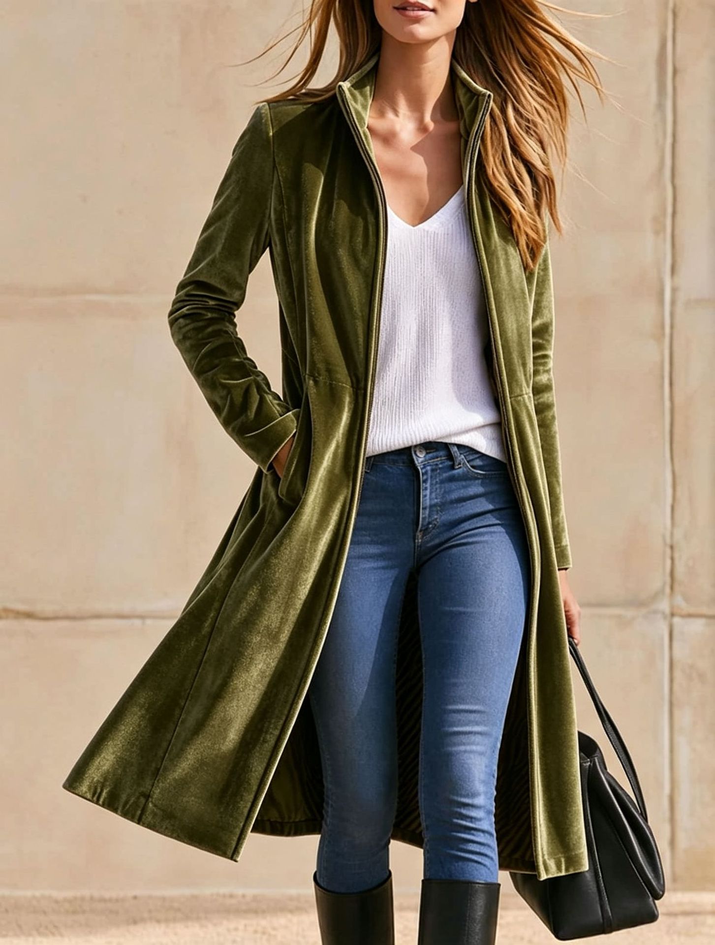Women's Stand Collar Velvet Long Coat, Full Zip Up Over Knee Retro Velvet Trench Coat, Fall Winter Elegant Outerwear