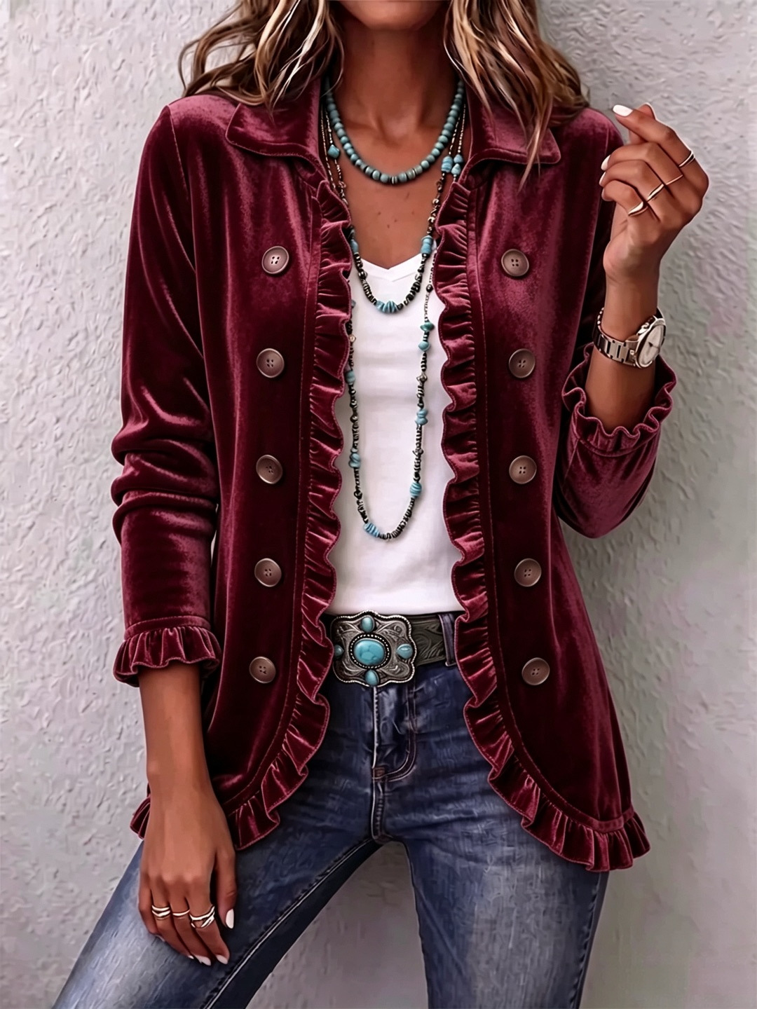 Women's Velvet Button Down Jacket, Long Sleeve Ruffle Trim Collared Velour Open Front Cardigan Coat, Fall Winter Casual Outerwear