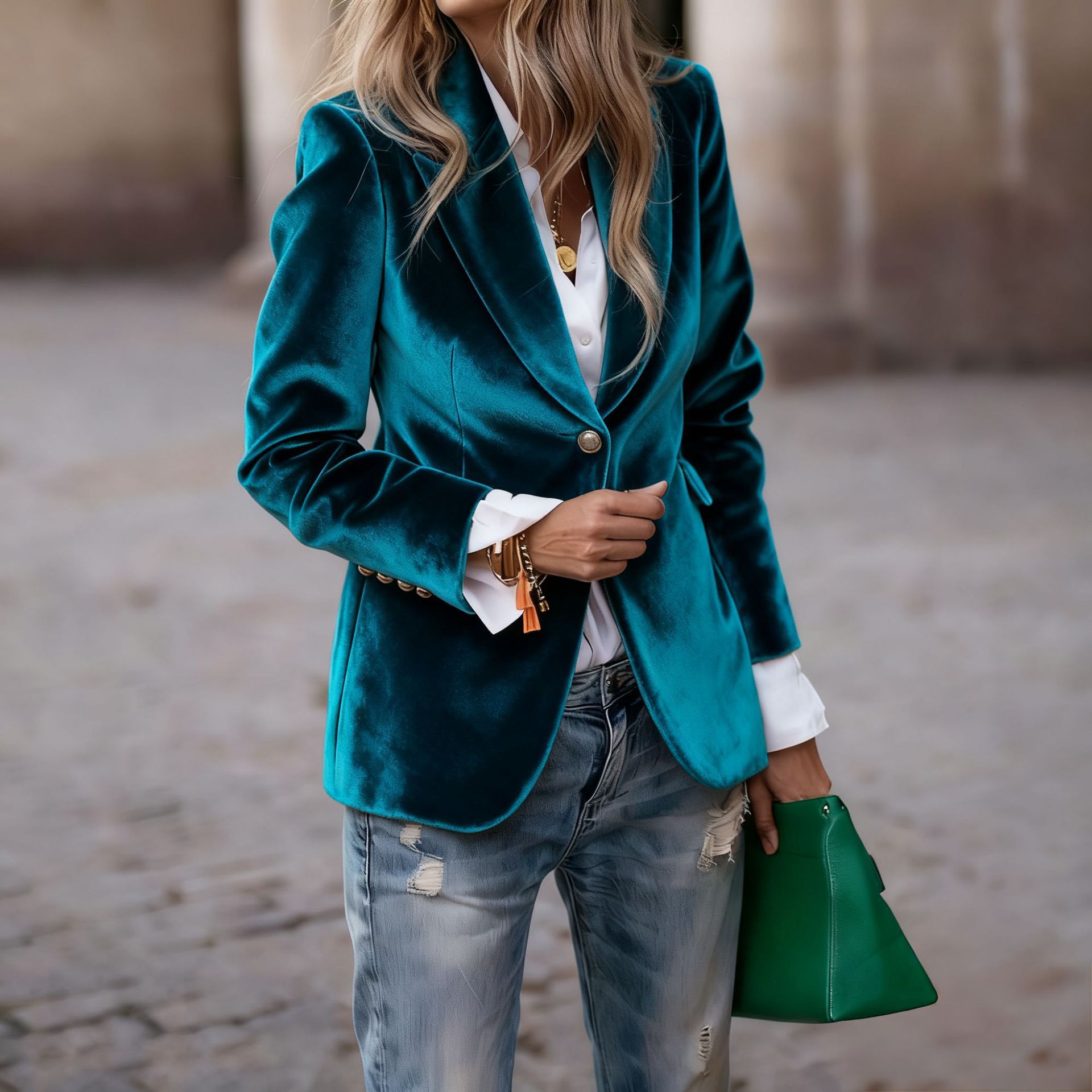 Women's Velvet Blazer, Elegant Lapel Single Button Slim Fit Velvet Suit Jacket, Fall Winter Faux Pocket Long Sleeve Formal Casual Outerwear