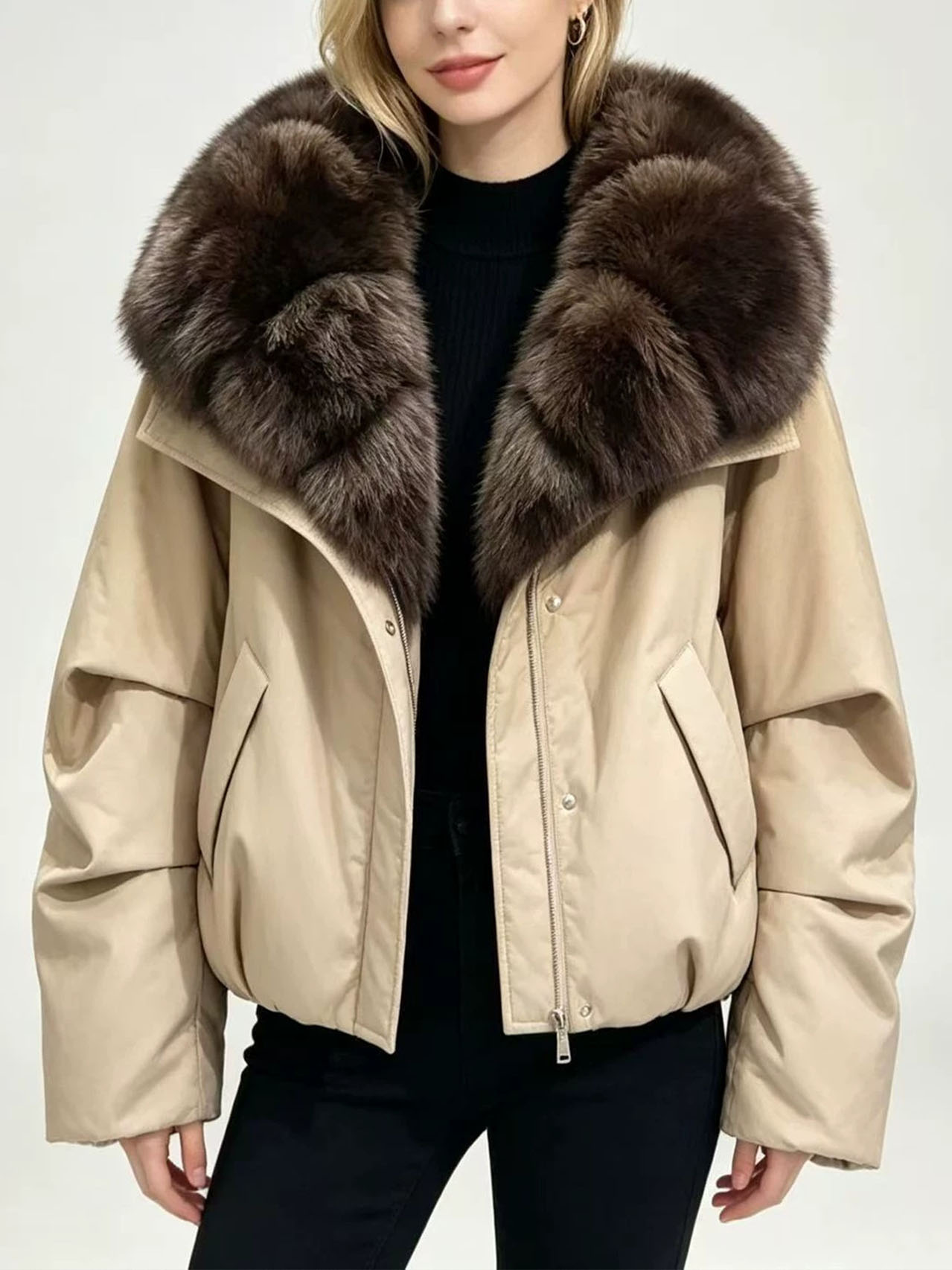 Women's Winter Puffer Jacket with Faux Fur Collar, Polyester Quilted Coat, Warm Short Parka Outerwear, Elegant Casual Winter Jacket for Women