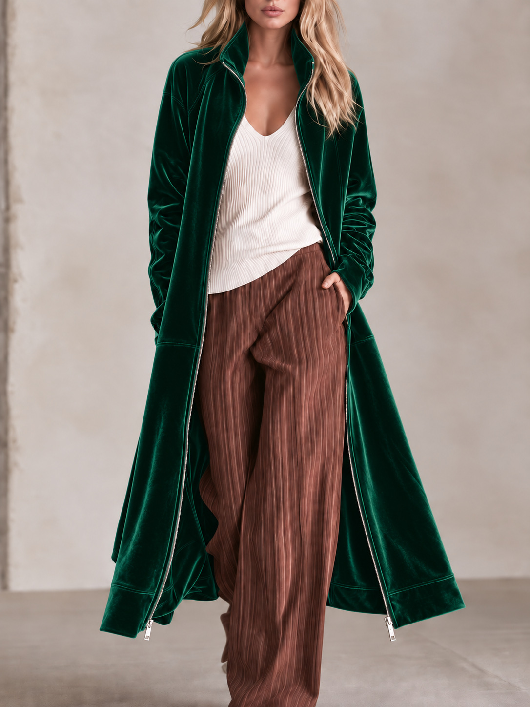 Women's Long Velvet Coat with Zipper Closure, Stand Collar Long Sleeve Jacket, Elegant Casual Lightweight Outerwear for Fall and Winter