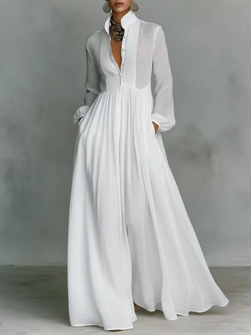 Women's White Maxi Shirt Dress, Long Sleeve Button Front Dress with Stand Collar, High Waist Pleated Flowy Long Dress, Elegant Casual Dress for Women
