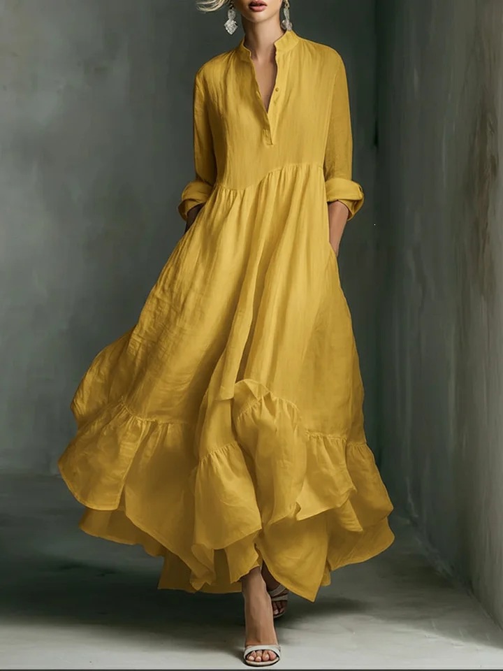 Women's White Maxi Dress, Long Sleeve Button Front Boho Dress with Ruffle Hem, Stand Collar Flowy High Waist Long Dress for Summer Vacation