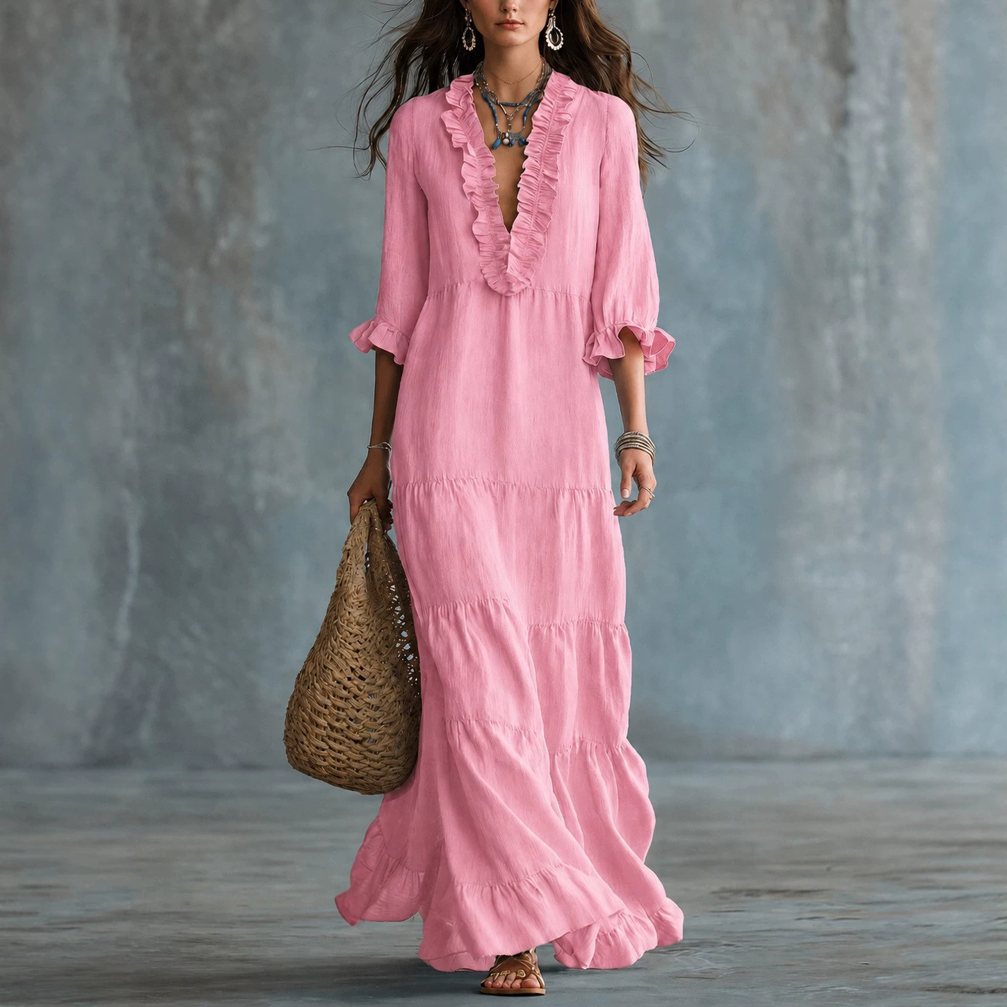 Women's Boho Maxi Dress, Ruffle Deep V Neck 3/4 Sleeve Flowy Tiered Long Dress, Loose Fit Casual Beach Vacation Resort Dress