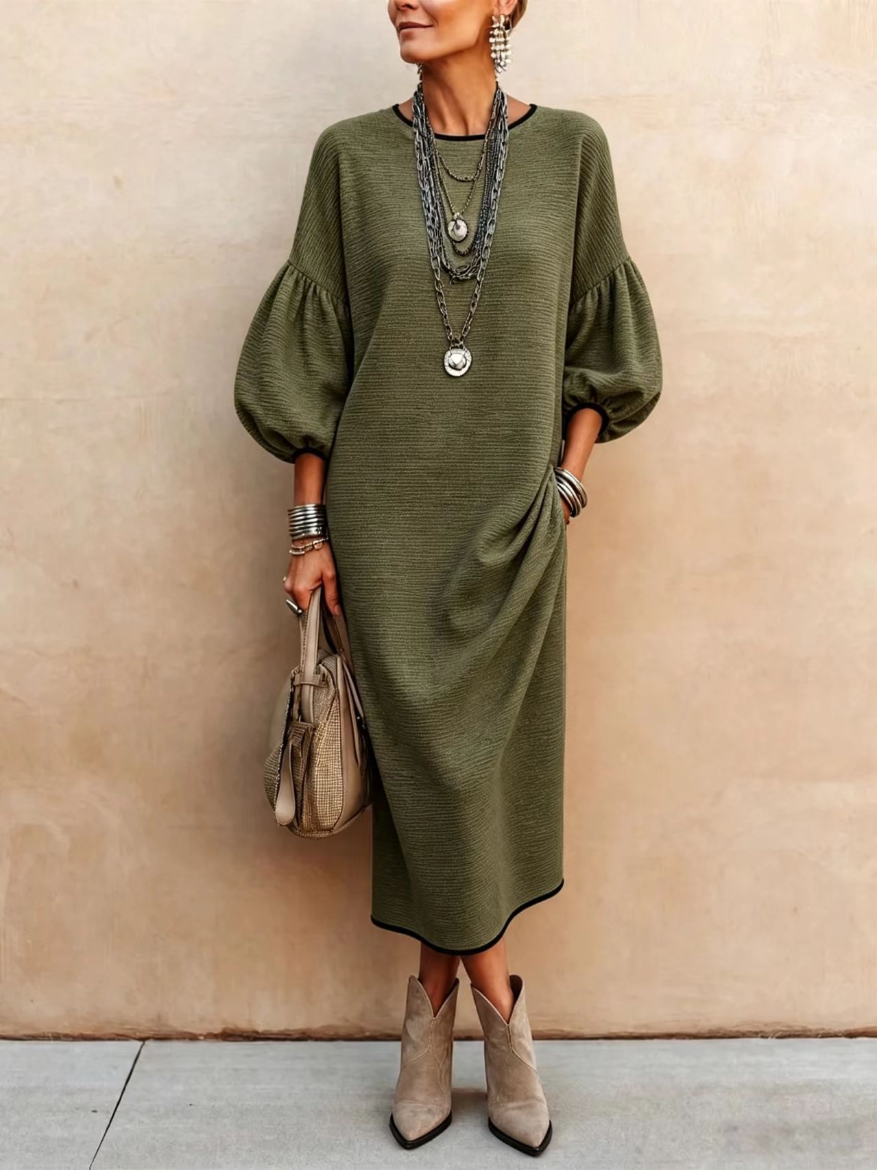 Women's Casual Midi Dress, Textured Long Sleeve Dress with Puff Sleeves, Round Neck Loose Fit Dress with Contrast Black Trim, Elegant Everyday Outfit