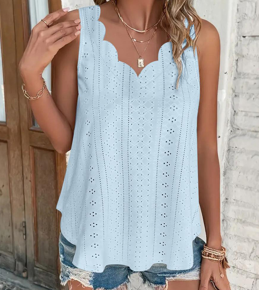 Women’s Cotton Spandex Eyelet Tank Top – Square Neck Sleeveless Summer Blouse