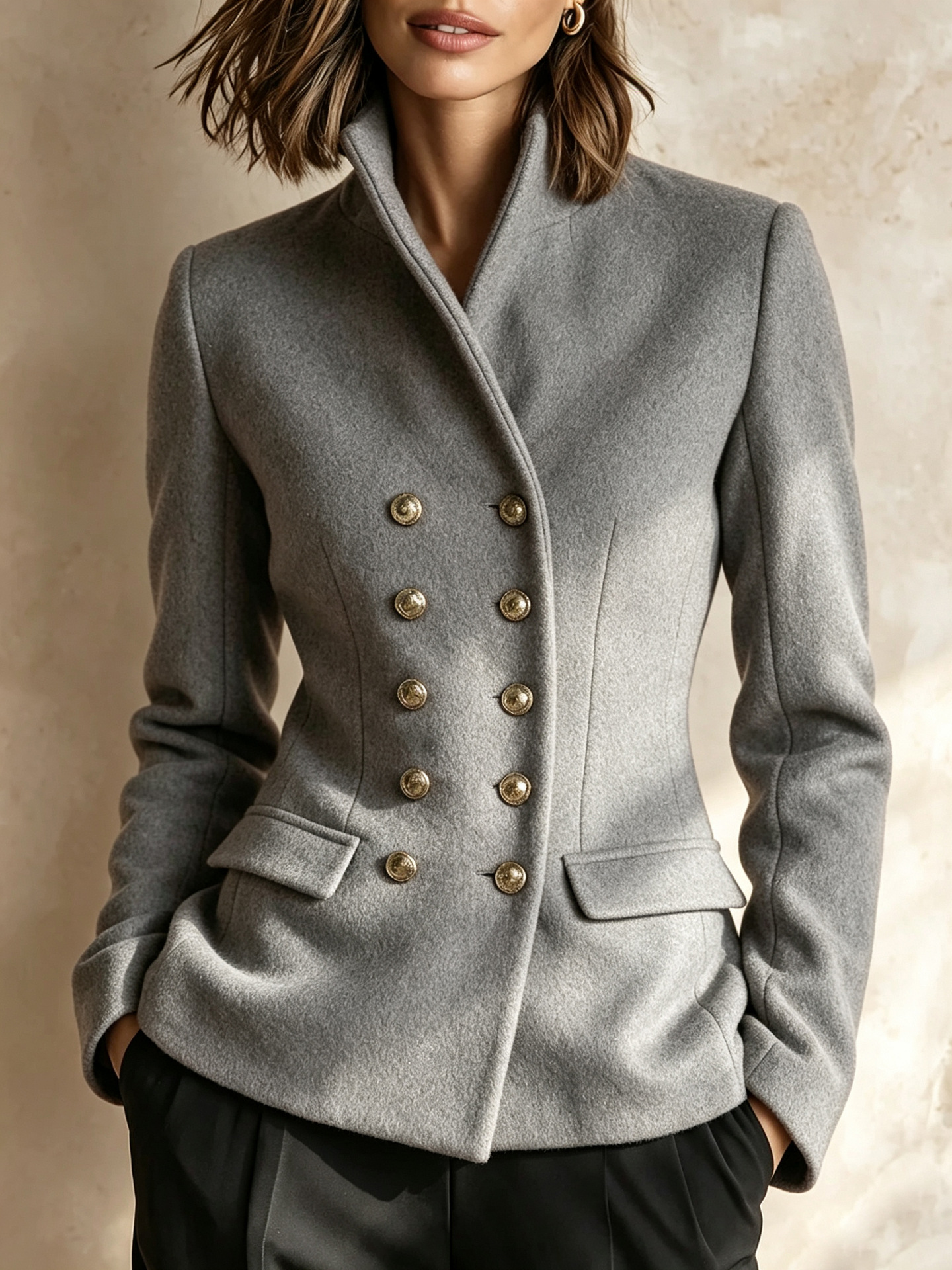Women's Double-Breasted Blazer Jacket, Elegant Tailored Long Sleeve Blazer with Gold-Tone Buttons, Faux Pocket Design, Slim Waist Fit, Multiple Colors