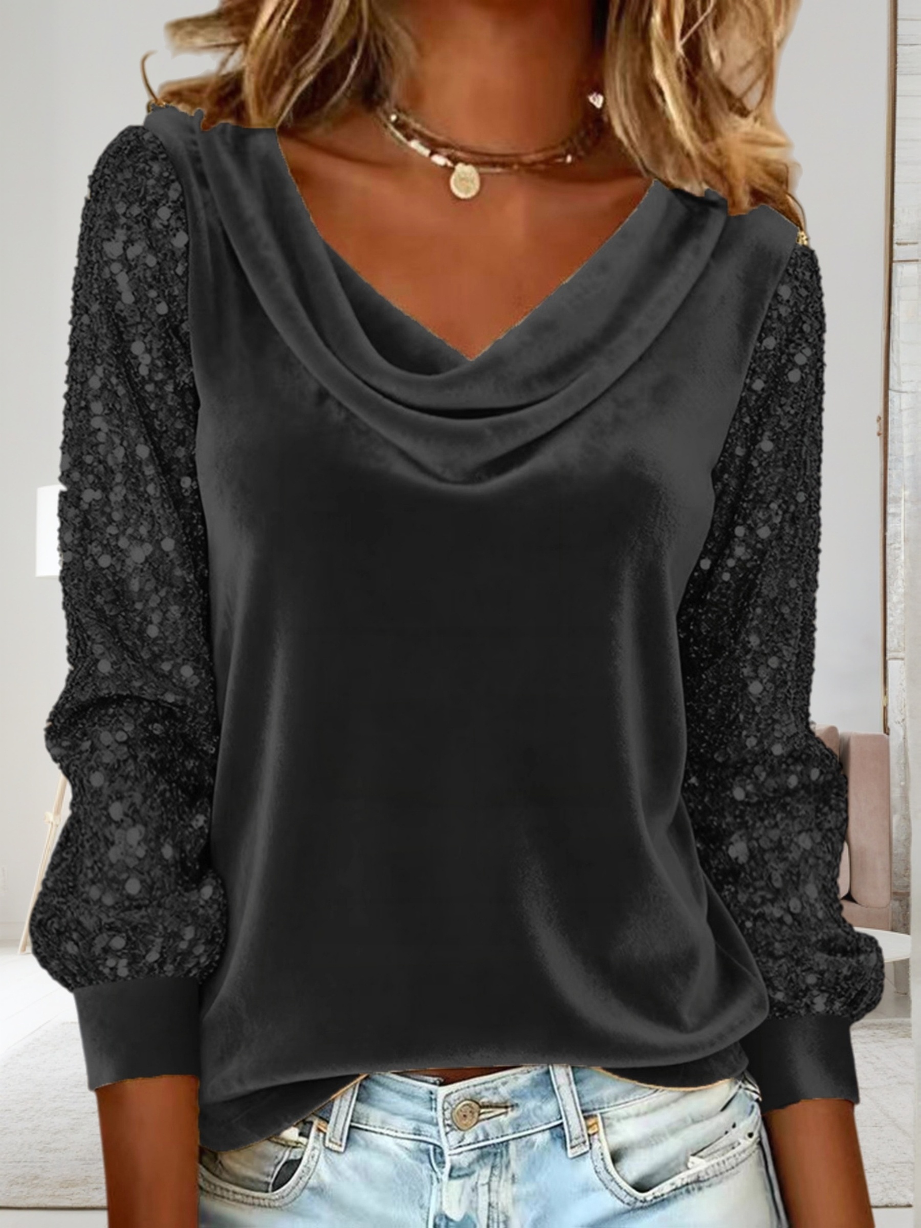 Women’s Velvet Cowl Neck Long Sleeve Top with Sequin Sleeves