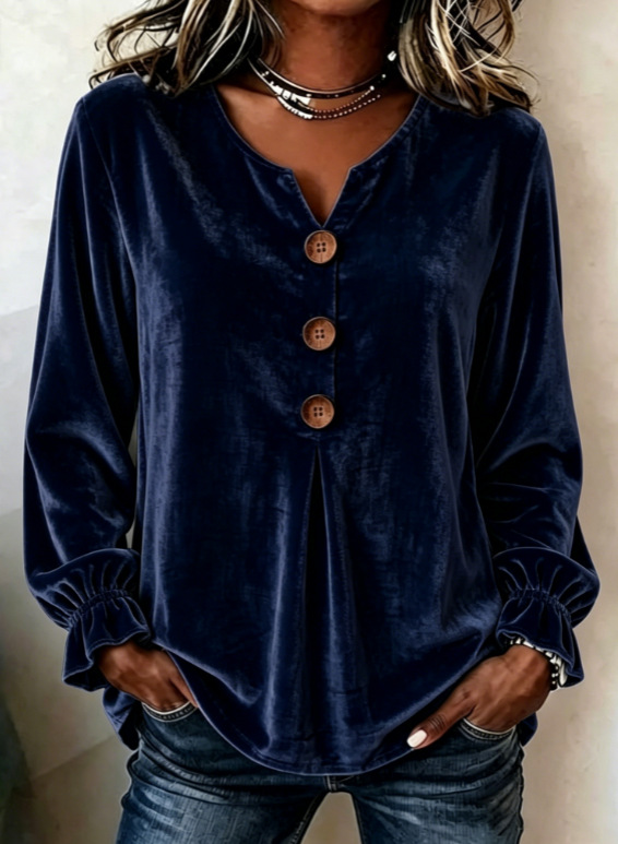 Women's Velvet Long Sleeve Blouse V Neck Button Down Top Soft Casual Loose Fit Shirt Elegant Fall Winter Pullover-gemscharms