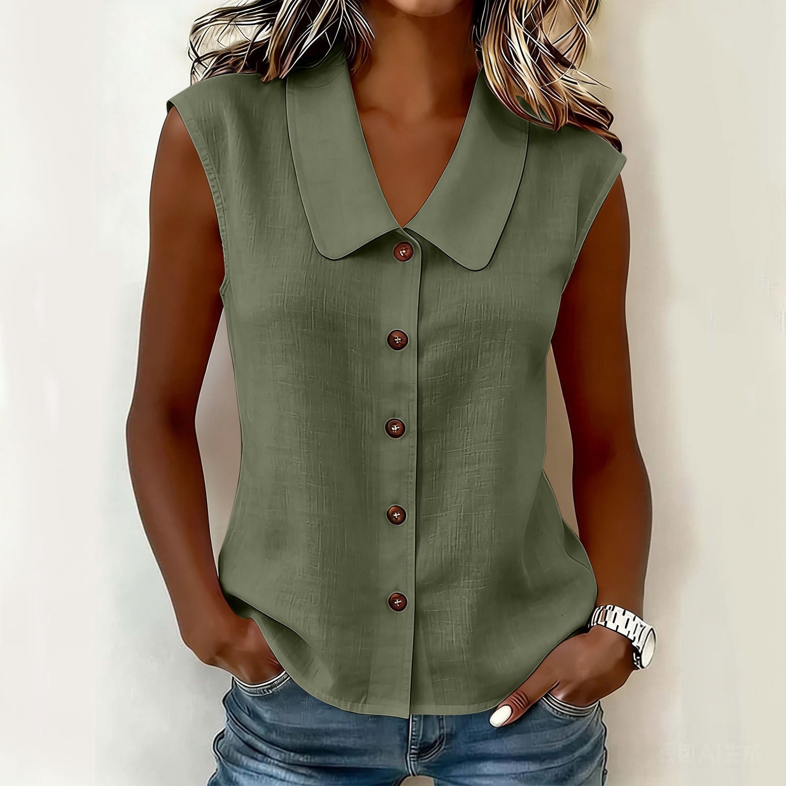 Women's Sleeveless Blouse, Casual Solid Polyester Button Front Tank Shirt for Summer Daily Wear