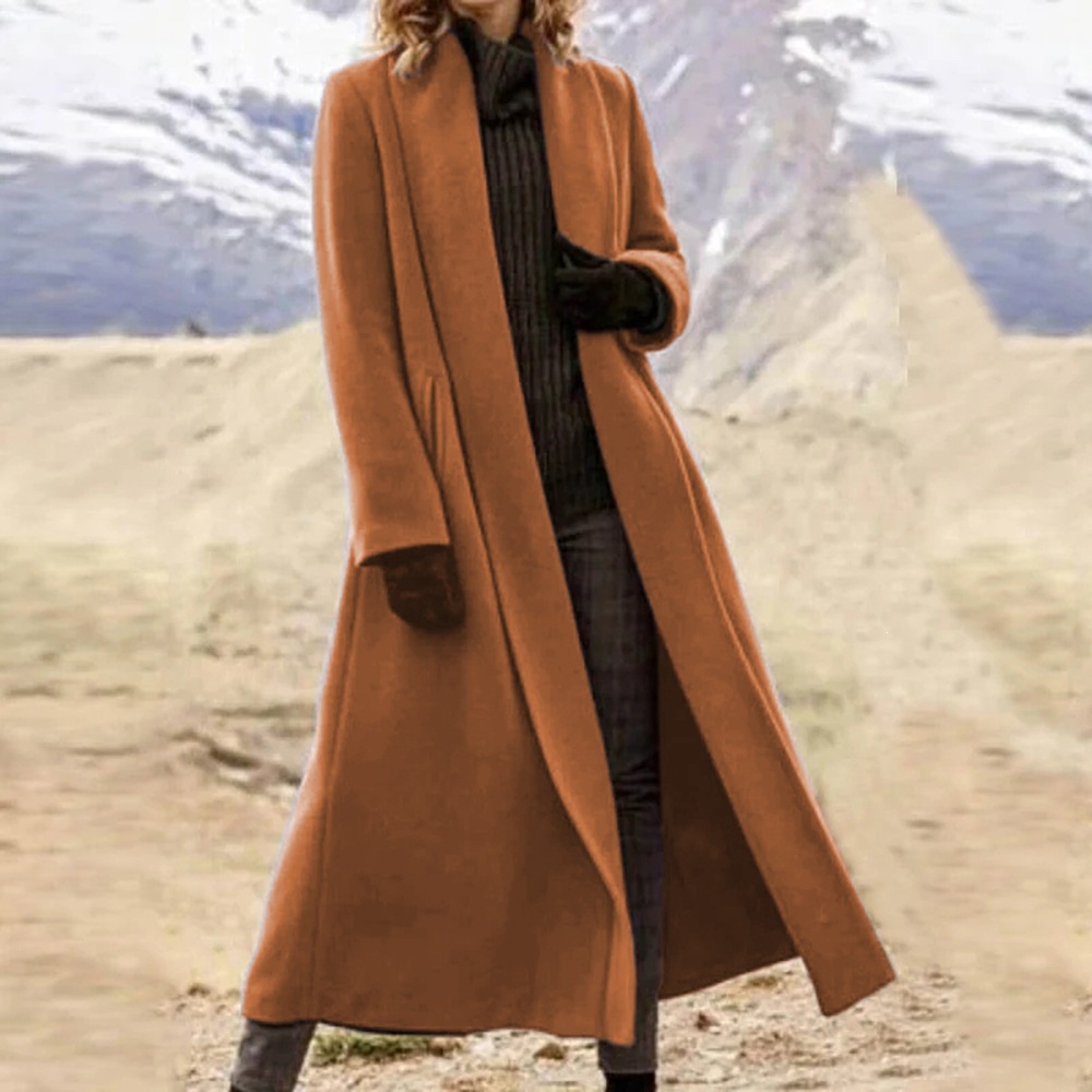 Women's Long Coat – Elegant Open Front Lapel Jacket for Fall Winter