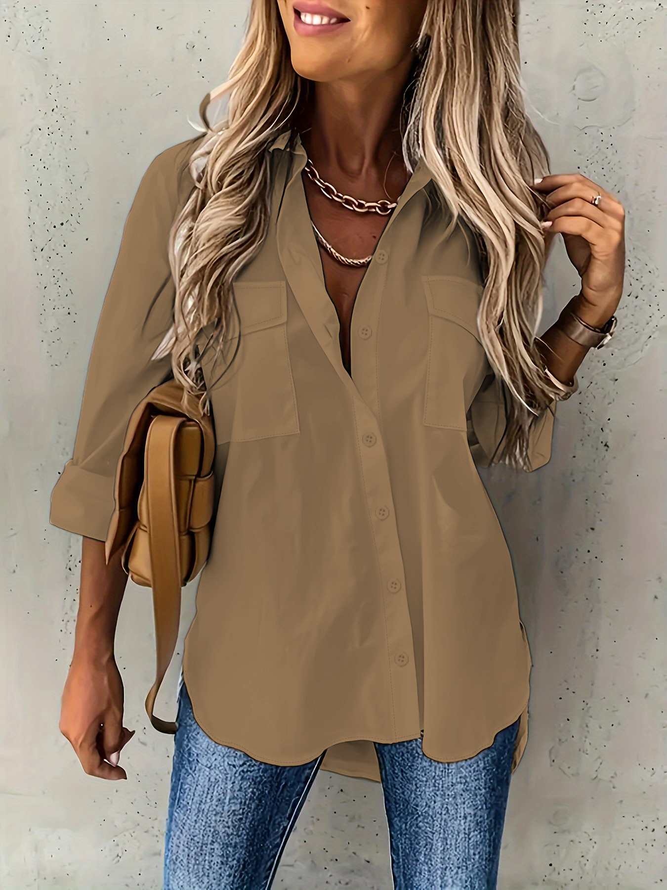 Women's White Button Down Shirt Long Sleeve Casual Blouse Oversized Collared Shirt with Pocket Loose Fit Office Work Top for Women