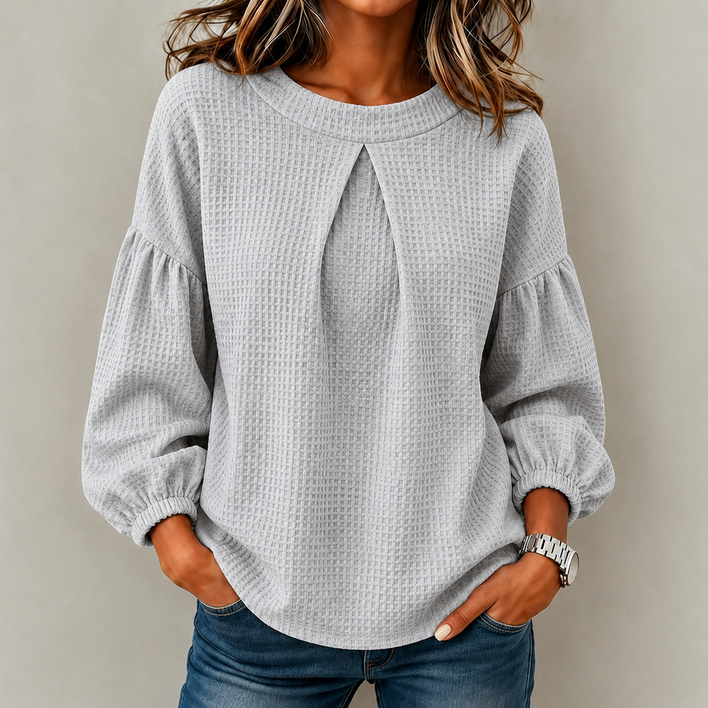 Women’s Solid Waffle Knit Lantern Sleeve Crew Neck Long Sleeve Tops