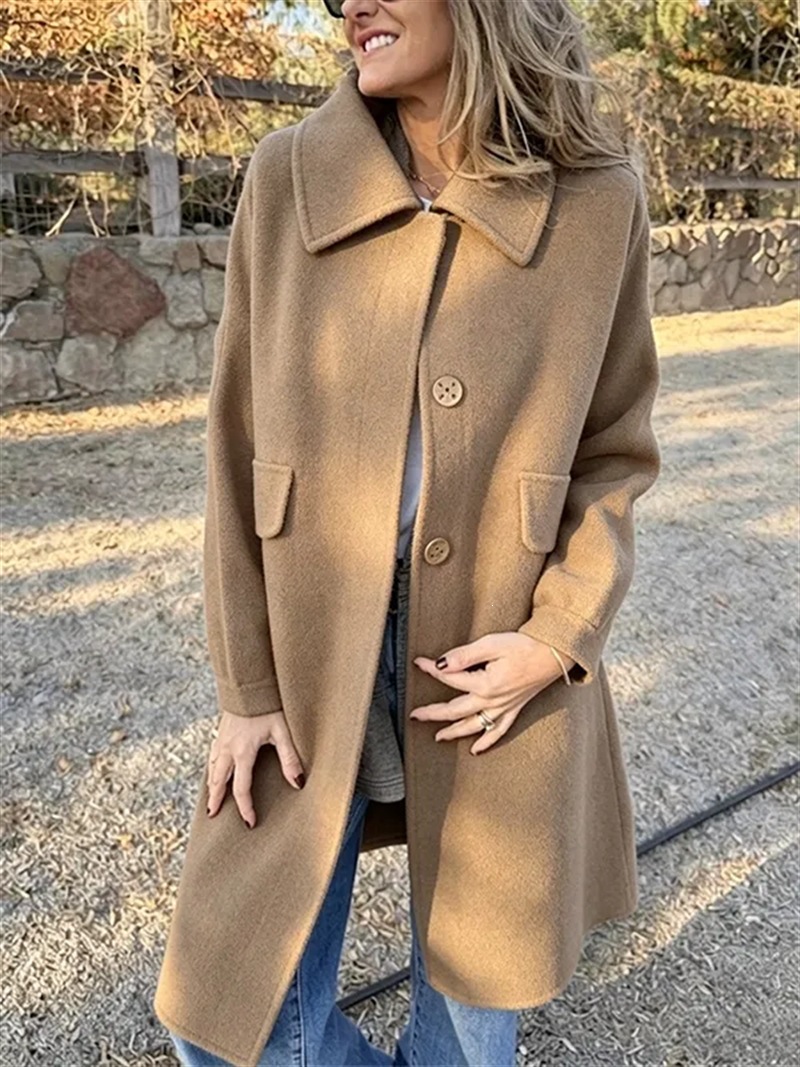 Women's Lapel Collar Mid‑Length Coat, Casual Single‑Breasted Loose Long Sleeve Outerwear, Polyester Fall Winter Warm Overcoat