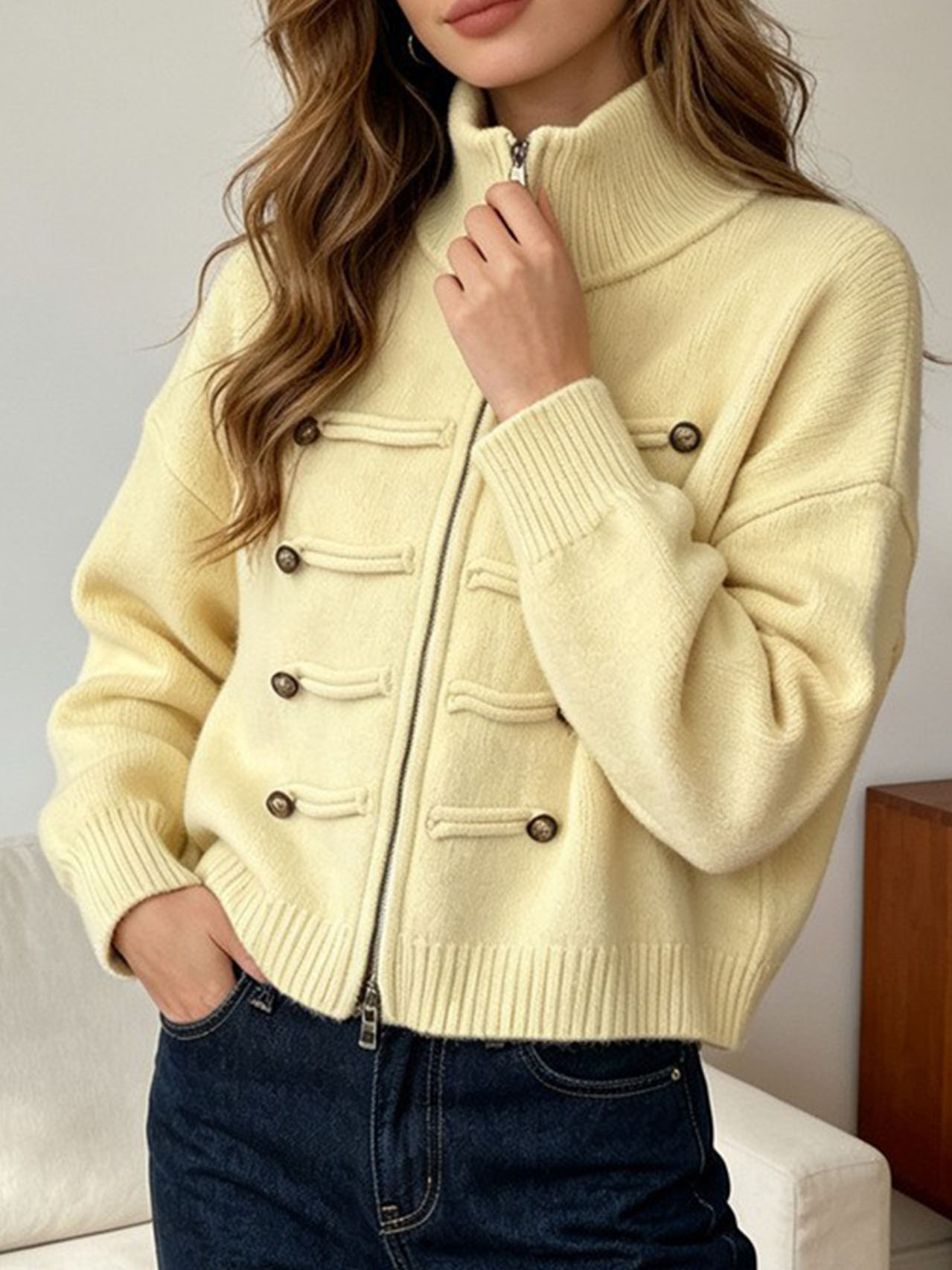Women's Casual Mock Neck Zip Up Knit Sweater Long Sleeve Pullover Top, Solid Color Ribbed Knit Lightweight Sweater for Fall Winter