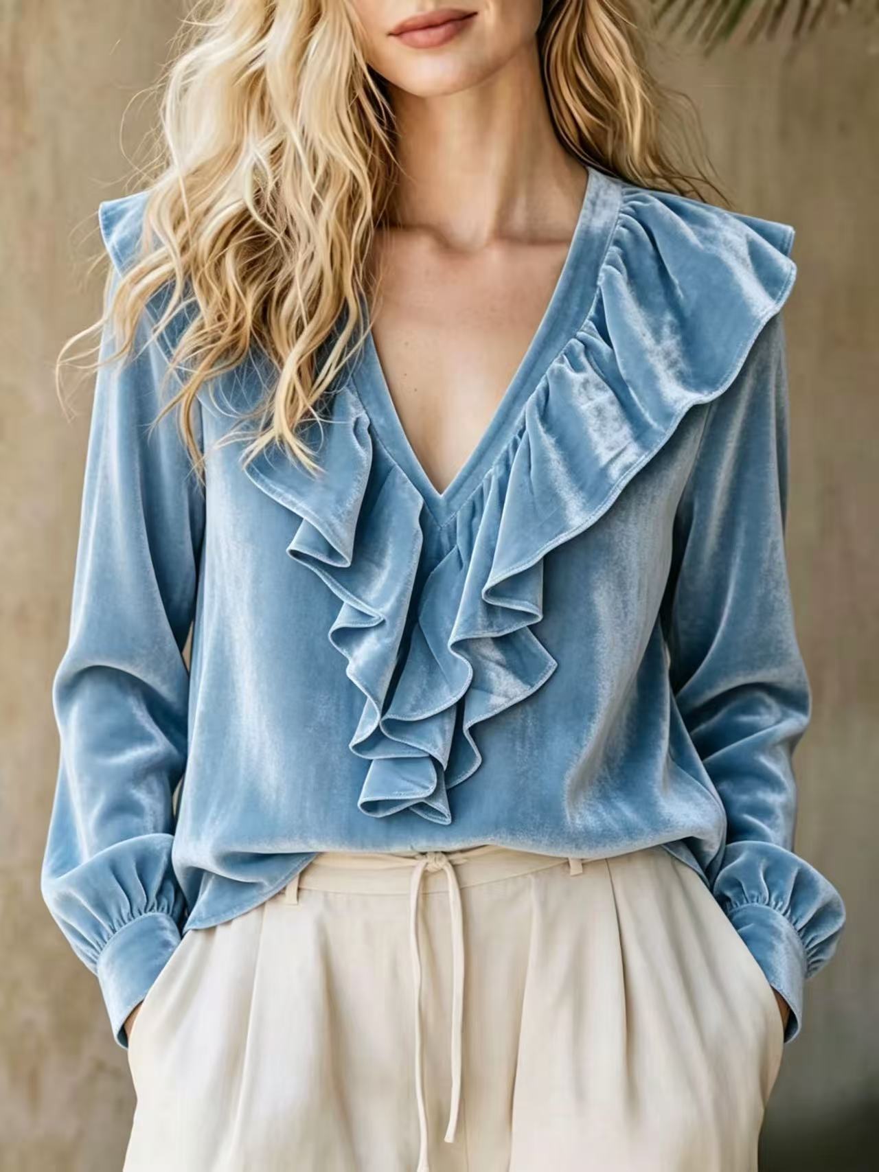 Women's Velvet Ruffle V Neck Long Sleeve Blouse, Elegant Solid Color Peplum Tunic Top with Side Pockets, Casual Dressy Shirt for Fall Winter-gemscharms