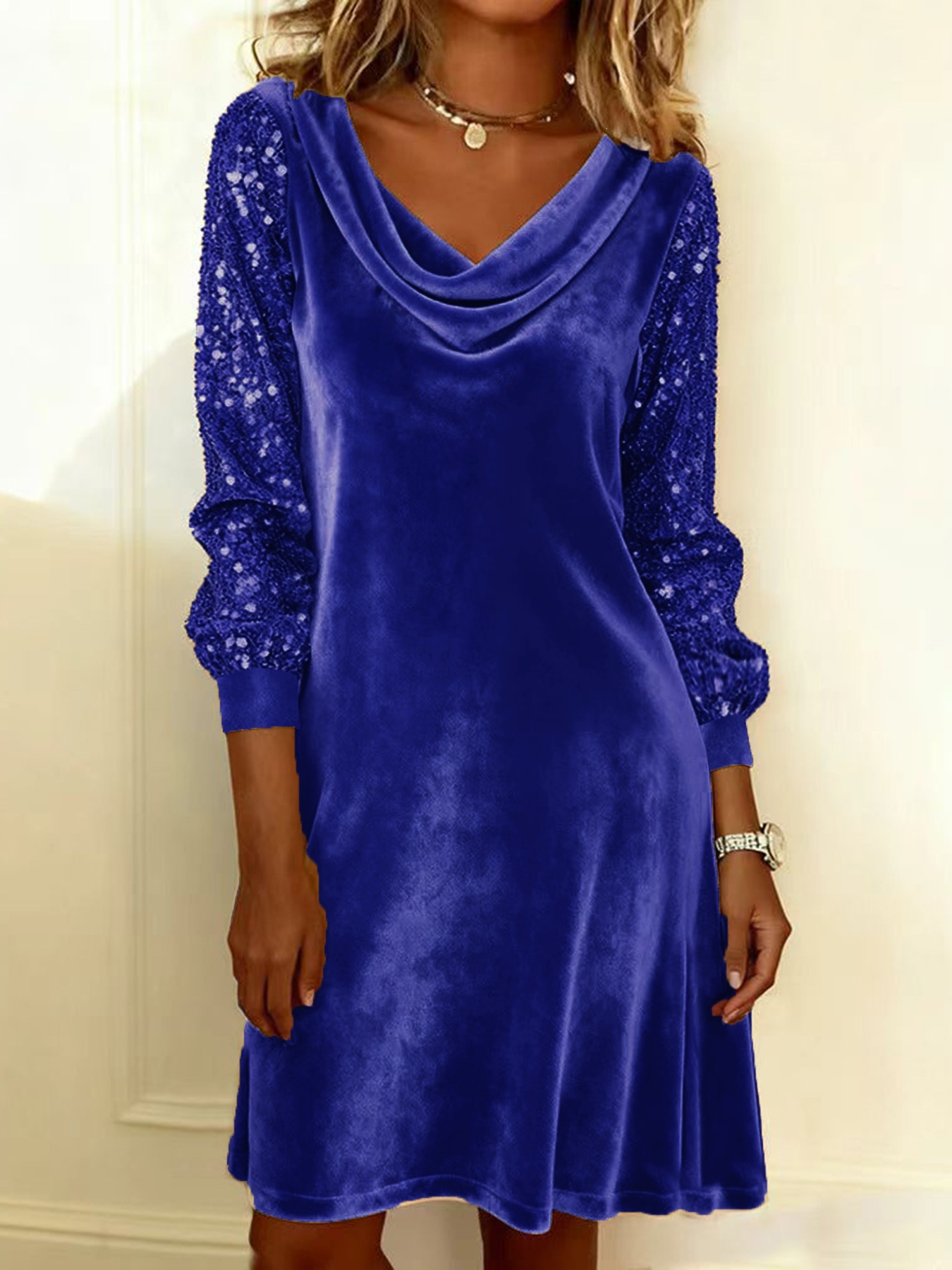 Women's Velvet Dress Long Sleeve Cowl Neck A-Line Mini Dress Elegant Party Evening Casual Dress