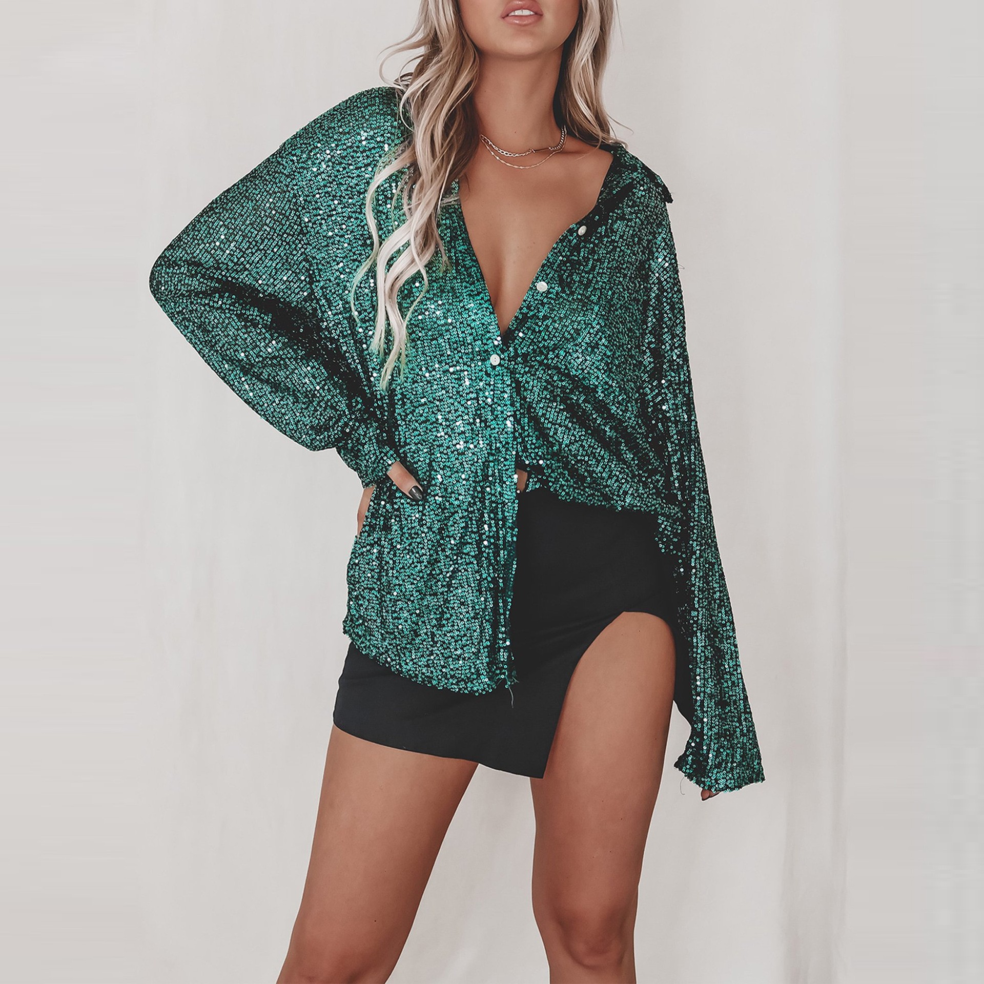 Women's Velvet Blouse Long Sleeve Sequin Sleeve Top V Neck Button Front Elegant Party Casual Shirt