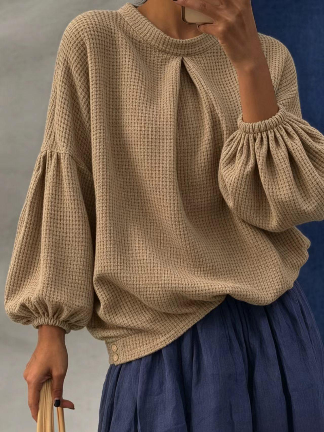 Women's Waffle Knit Puff Sleeve Top, Long Sleeve Crew Neck Casual Pullover Shirt, Loose Fit Textured Blouse for Fall Winter