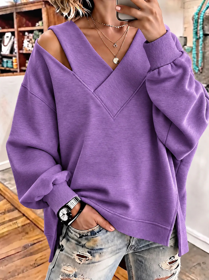 Women's Oversized V Neck Sweatshirt, Off Shoulder Loose Fit Pullover Top, Long Sleeve Casual Hoodie Style Shirt for Fall Winter