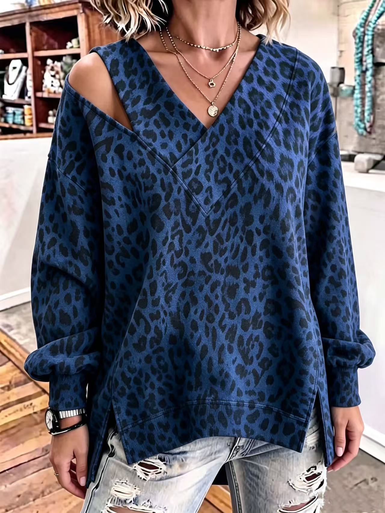 Women's Leopard Print Sweatshirt, V Neck Off Shoulder Pullover Top, Long Sleeve Oversized Loose Fit Casual Animal Print Shirt for Fall Winter