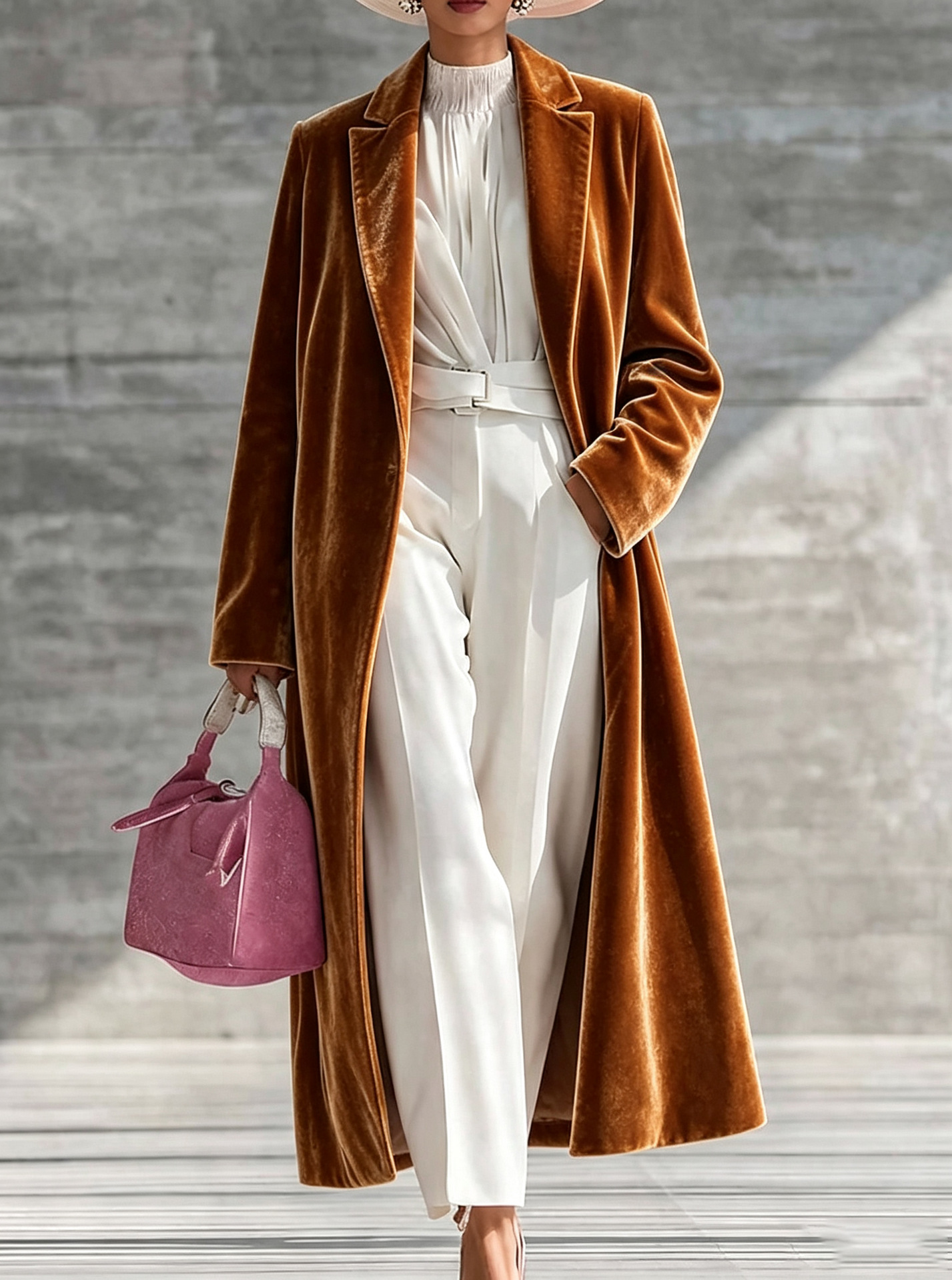 Women's Velvet Long Coat, Elegant Lapel Collar Over Knee Trench Coat, Soft Plush Long Sleeve Open Front Outerwear Jacket for Fall Winter