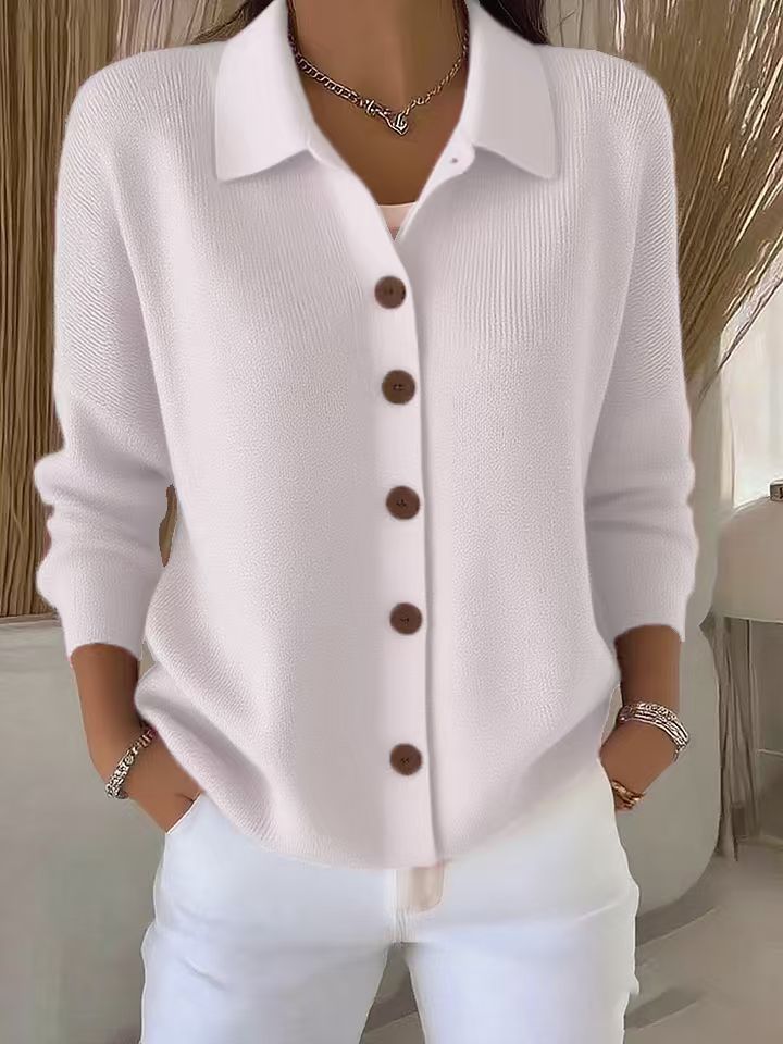 Women Collared Knit Cardigan, Long Sleeve Button Down Solid Color Loose Lightweight Sweater Jacket for Fall Winter